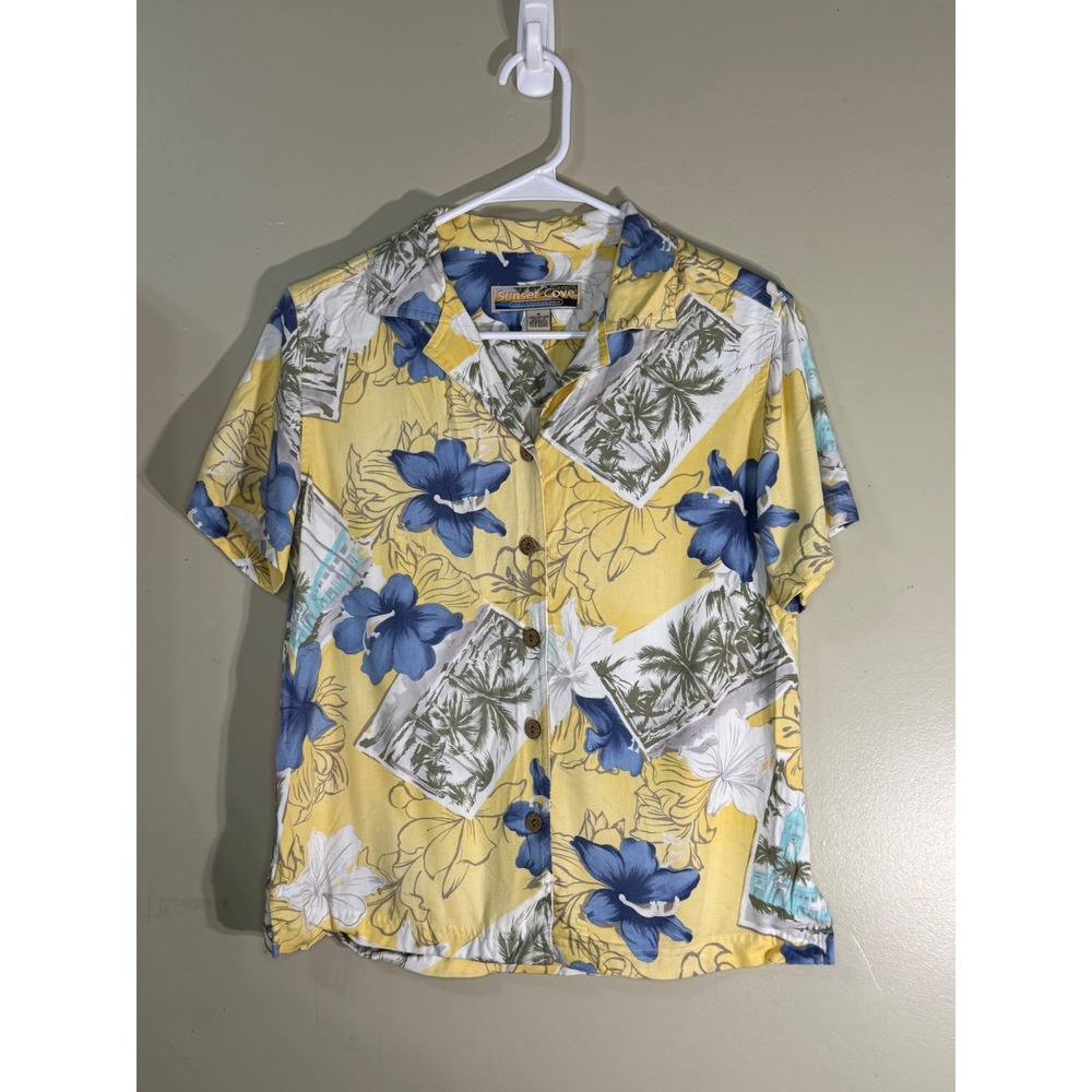 Sunset Cove Tropical Hibiscus Palm Rayon Button Down Shirt Yellow Blue Small